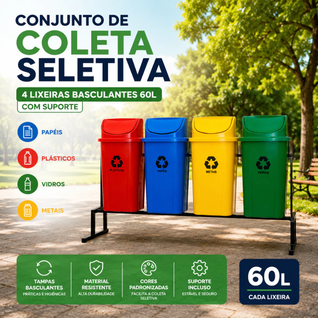 Conjunto de coleta seletiva com 4 lixeiras basculantes de 60L coloridas e suporte